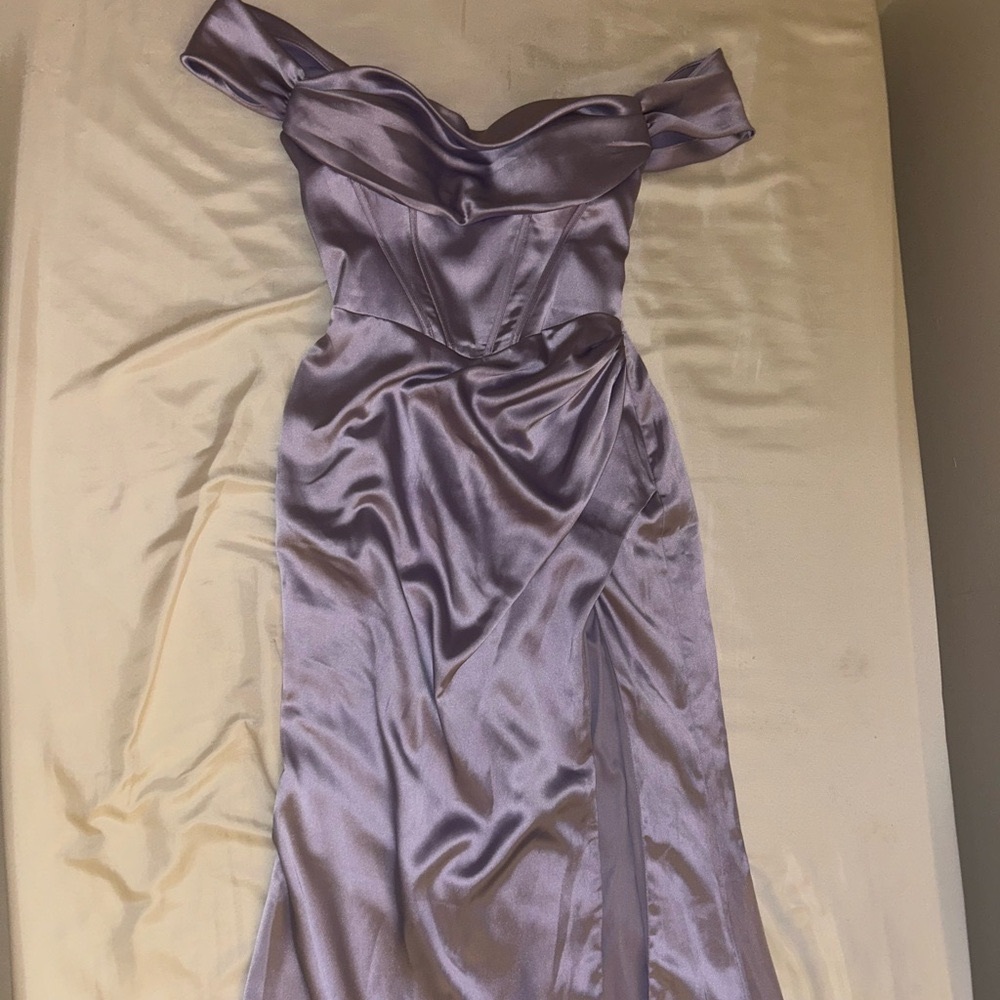 Villoni satin off the shoulder with slit dress